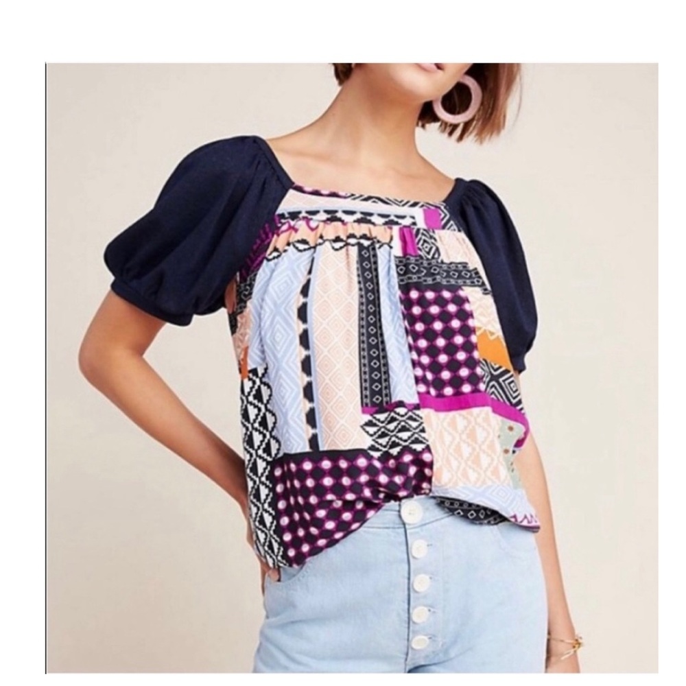 Maeve Anthropologie Catalina Patchwork Puff Sleeve Top